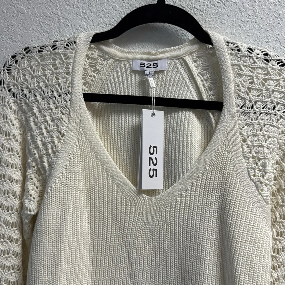NEW- 525 Chic Cream 100% Cotton Open Knit V neck Sweater S - Picture 4 of 10